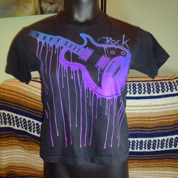 * VINTAGE * GWP Sport | " ROCK " Dripping Guitar T-shirt - Picture 1 of 5